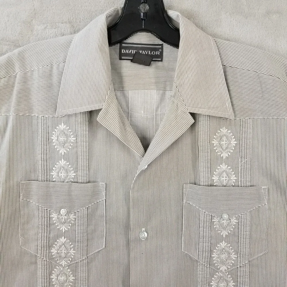 Vtg David Taylor Guayabera Shirt M Gray White Striped Embroidered Camp‎ Sears